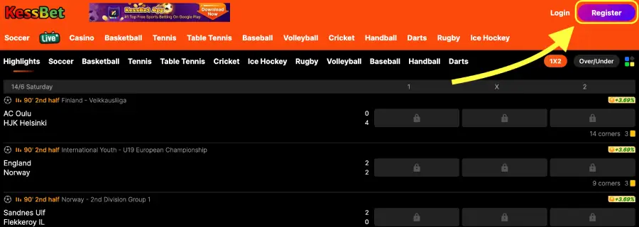 Registration on the official KessBet website